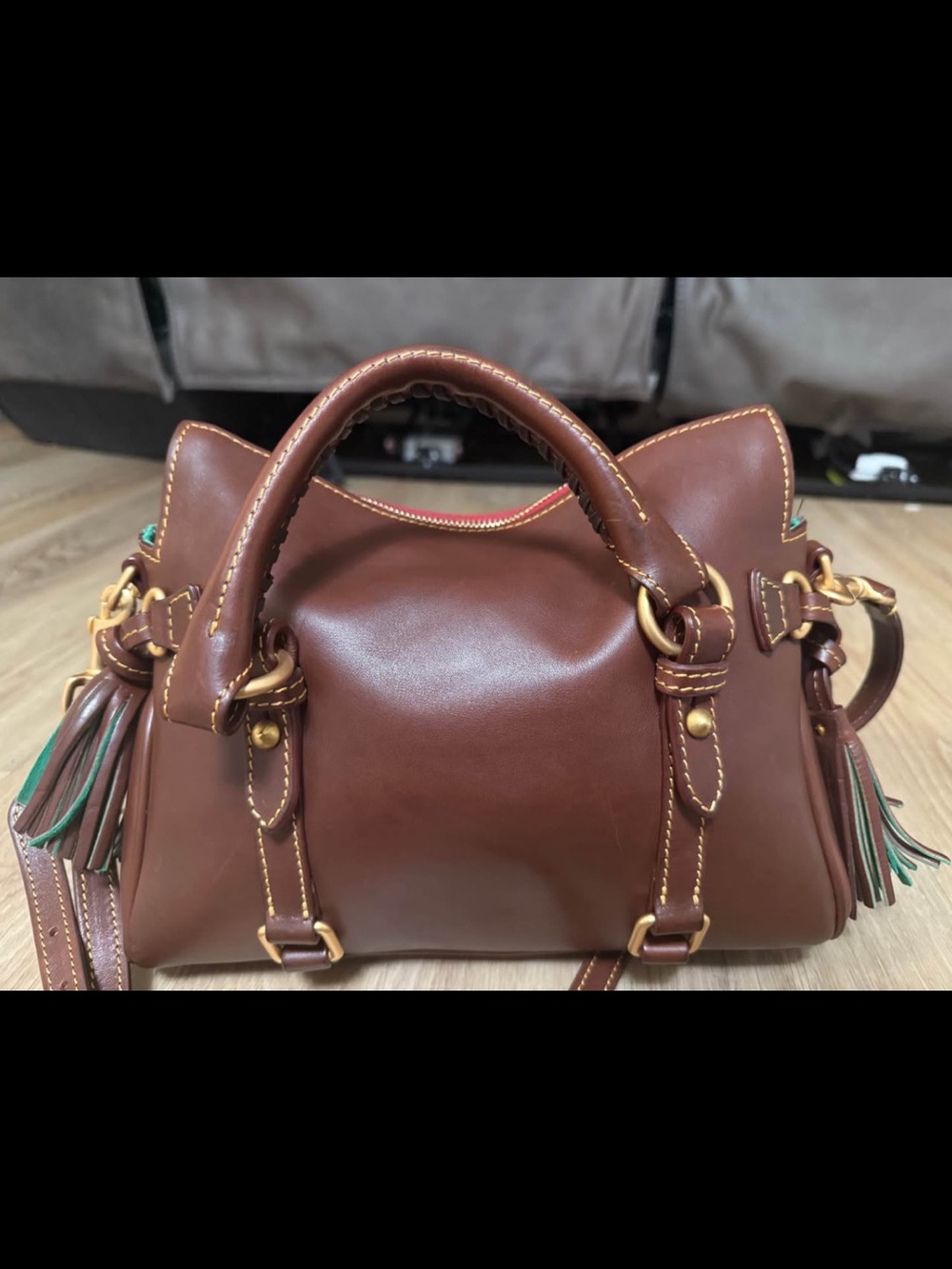Dooney & Bourke Chestnut Brown Leather Satchel with Brass Hardware - Picture 2 of 4